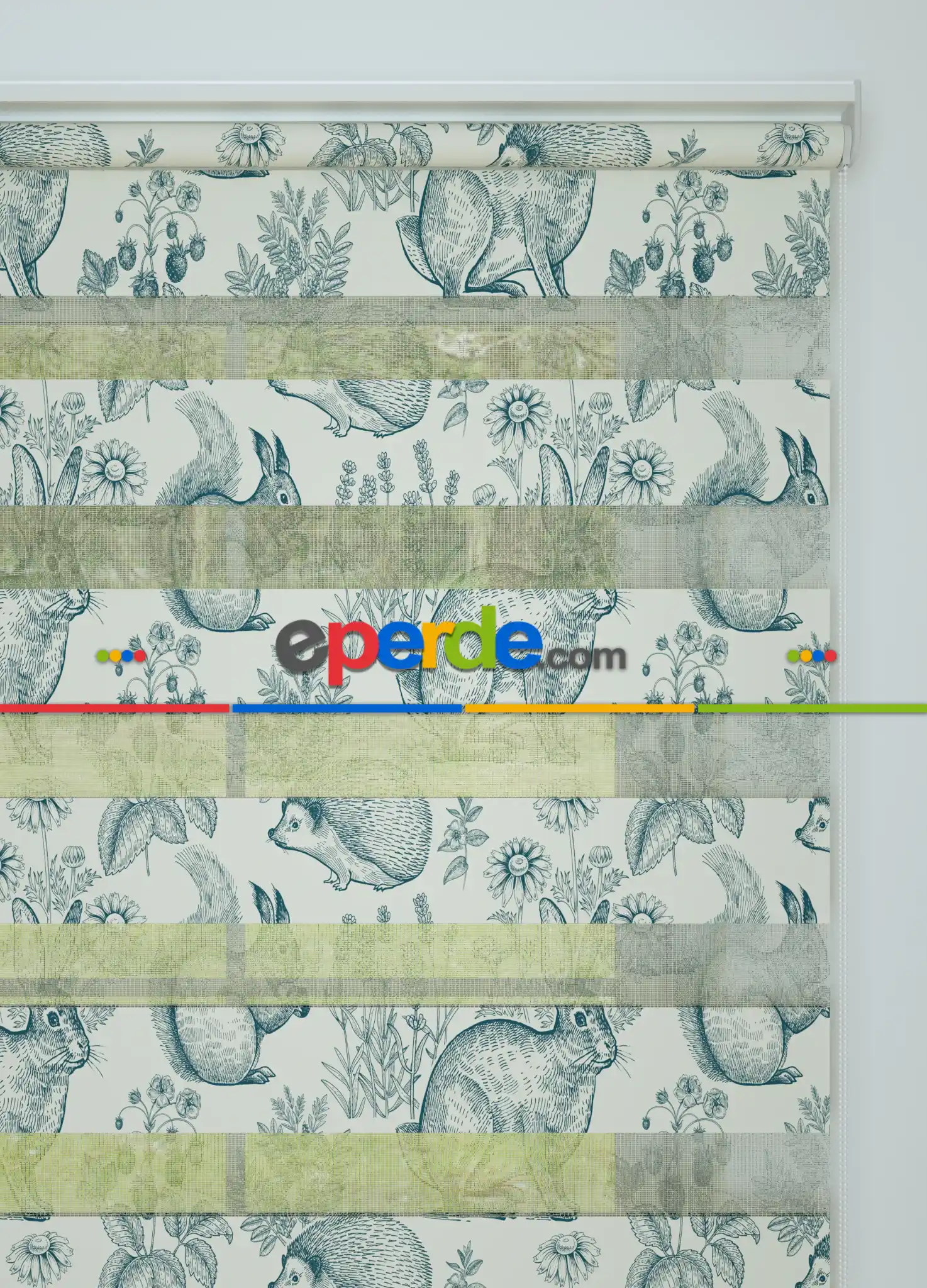 Bebek Odası - Yeşilimsi Lacivert Tavşan Ve Çiçek Desenli Baskılı Zebra Perde