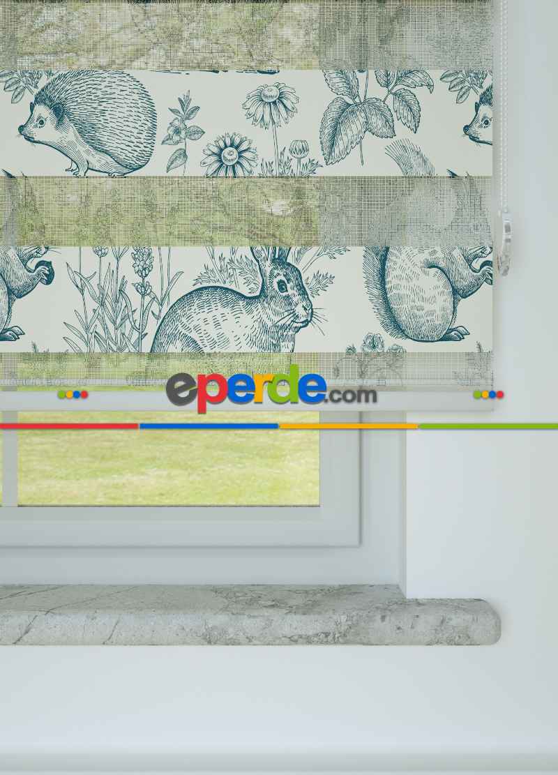 Bebek Odası - Yeşilimsi Lacivert Tavşan Ve Çiçek Desenli Baskılı Zebra Perde