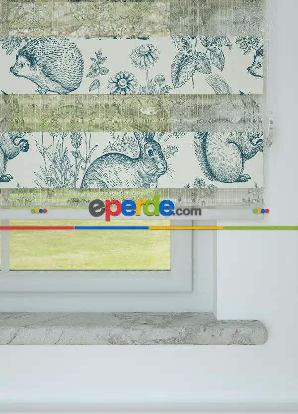 Bebek Odası - Yeşilimsi Lacivert Tavşan Ve Çiçek Desenli Baskılı Zebra Perde