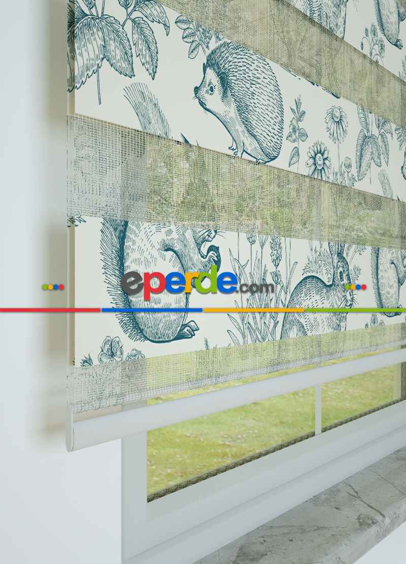 Bebek Odası - Yeşilimsi Lacivert Tavşan Ve Çiçek Desenli Baskılı Zebra Perde