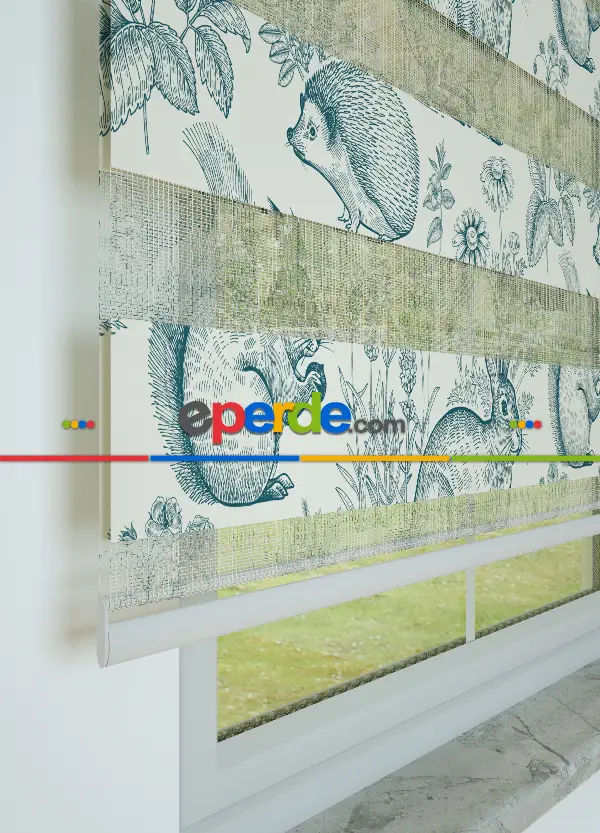 Bebek Odası - Yeşilimsi Lacivert Tavşan Ve Çiçek Desenli Baskılı Zebra Perde