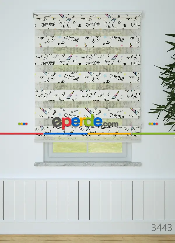 Mor Sarı Unicorn Desenli Baskılı Zebra Perde