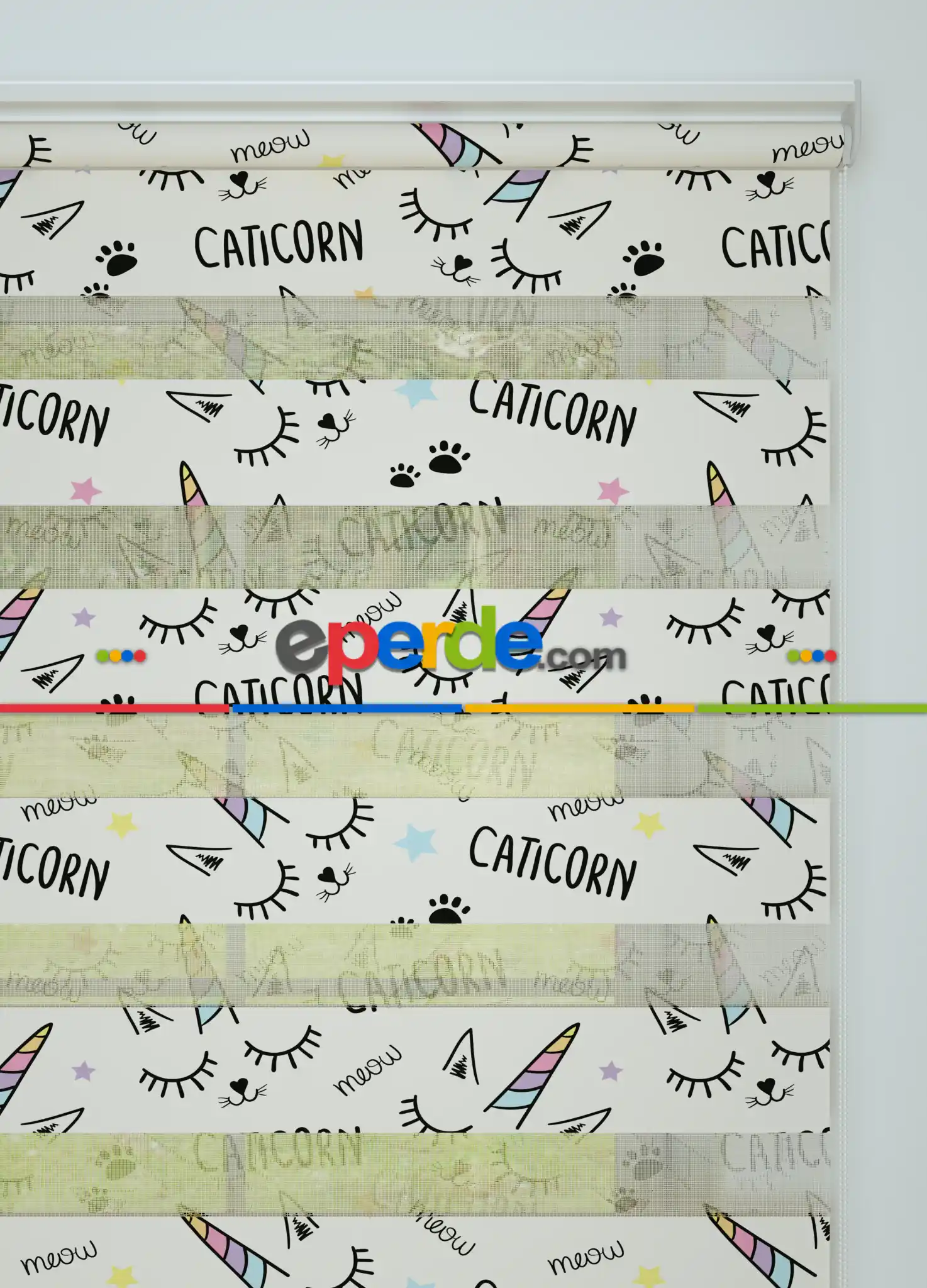 Mor Sarı Unicorn Desenli Baskılı Zebra Perde