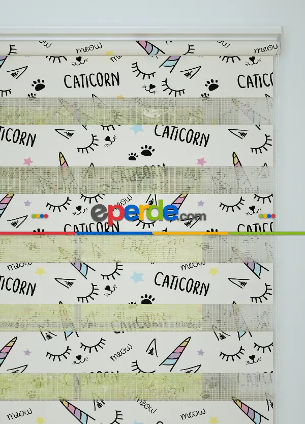 Mor Sarı Unicorn Desenli Baskılı Zebra Perde