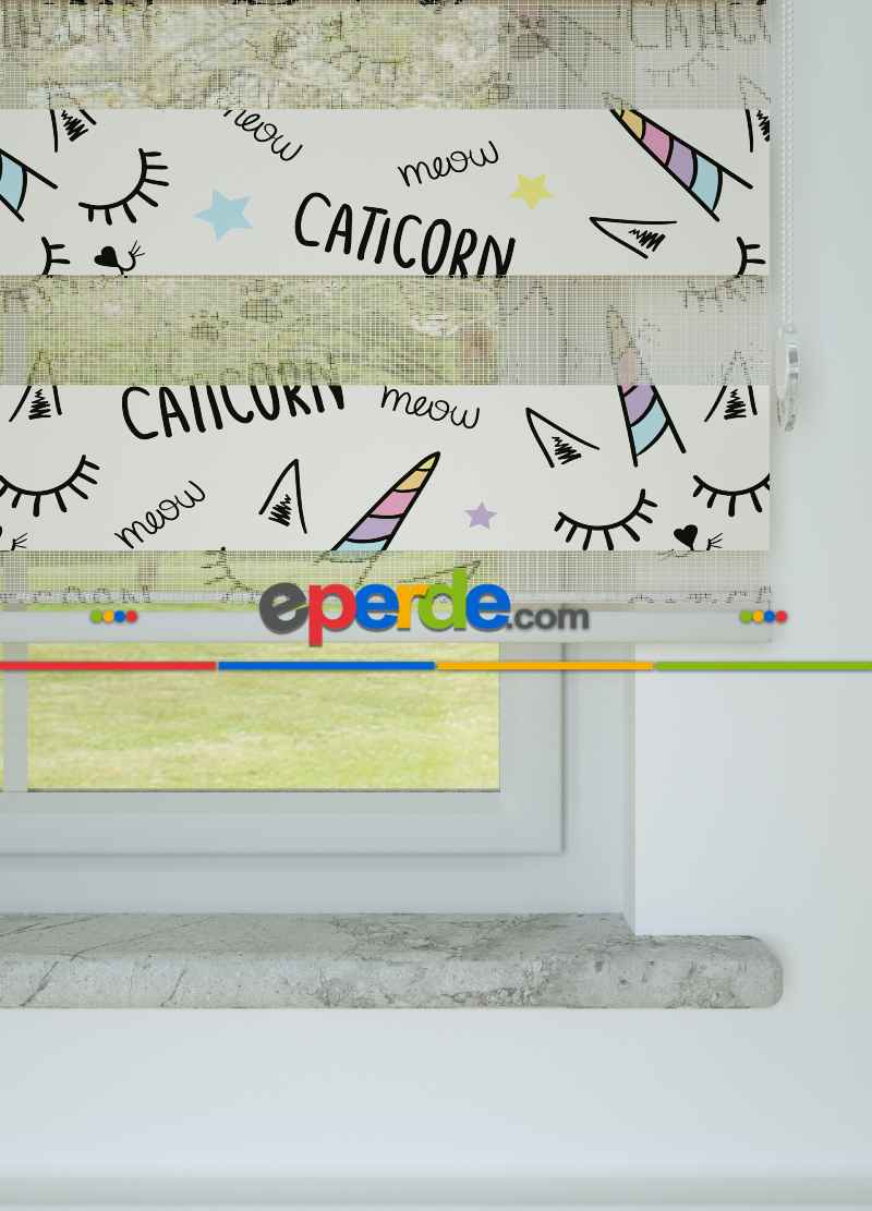 Çocuk Odası - Mor Sarı Unicorn Desenli Baskılı Zebra Perde