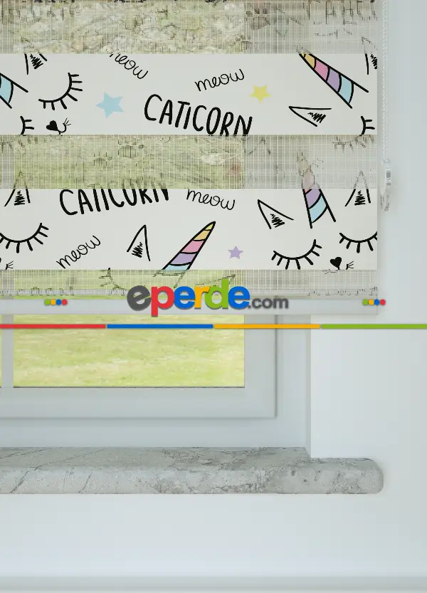 Mor Sarı Unicorn Desenli Baskılı Zebra Perde