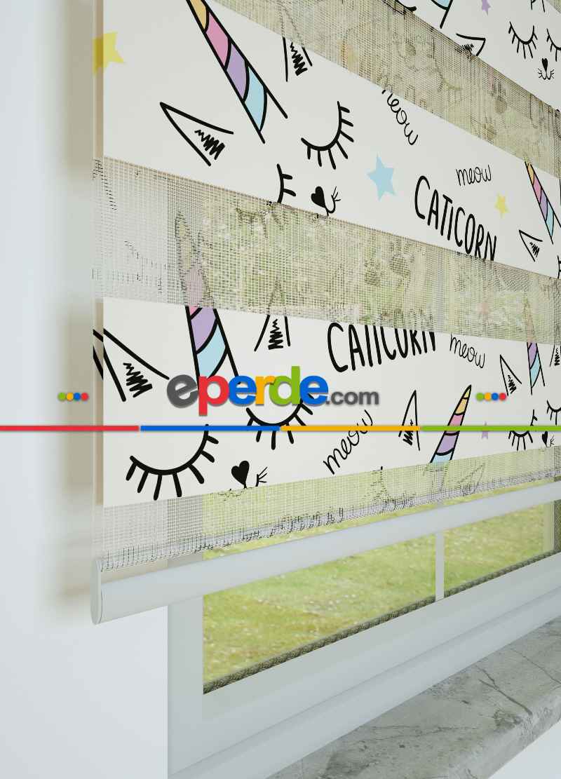 Çocuk Odası - Mor Sarı Unicorn Desenli Baskılı Zebra Perde