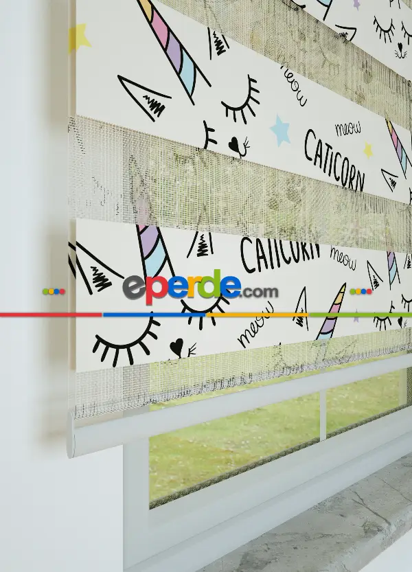 Mor Sarı Unicorn Desenli Baskılı Zebra Perde