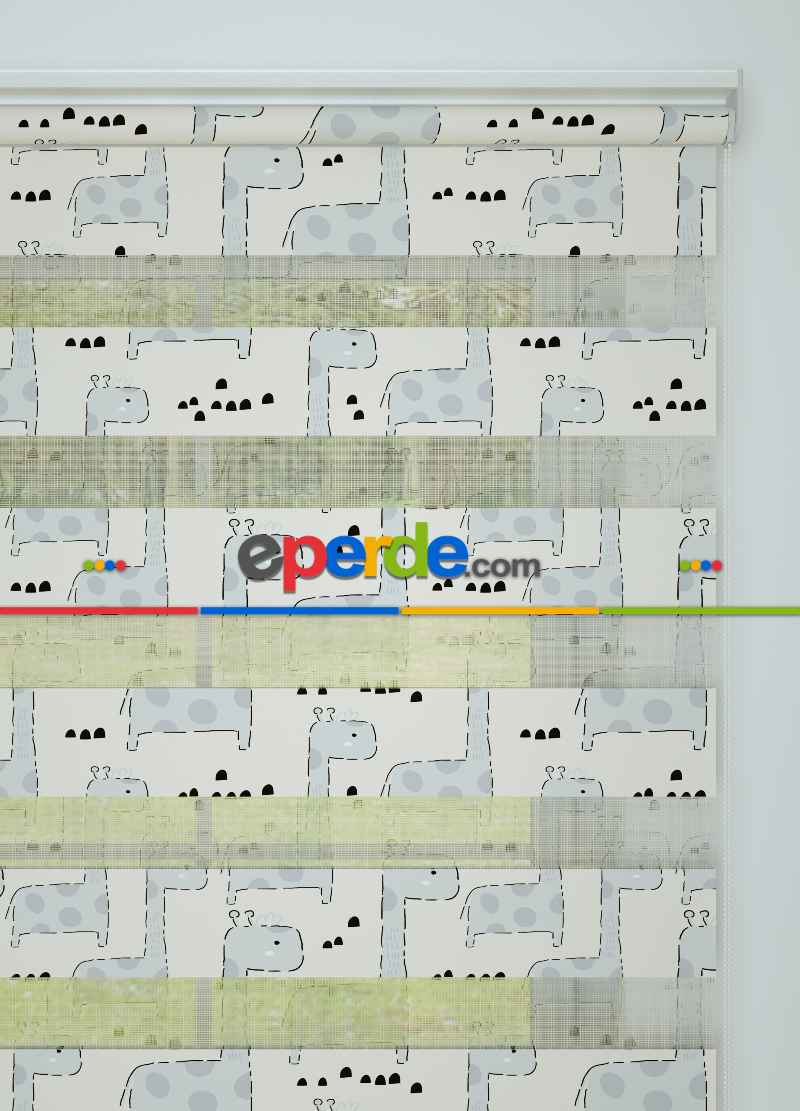 Bebek Odası - Gri Zürafa Desenli Baskılı Zebra Perde