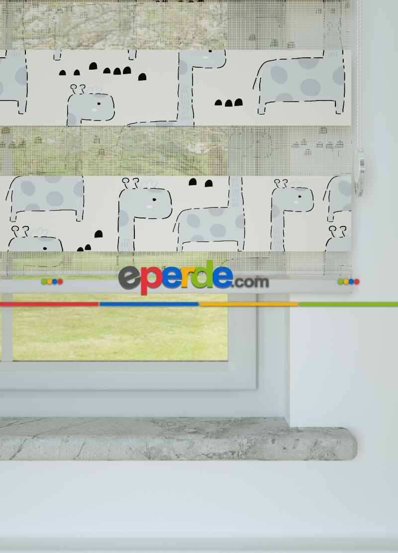 Bebek Odası - Gri Zürafa Desenli Baskılı Zebra Perde