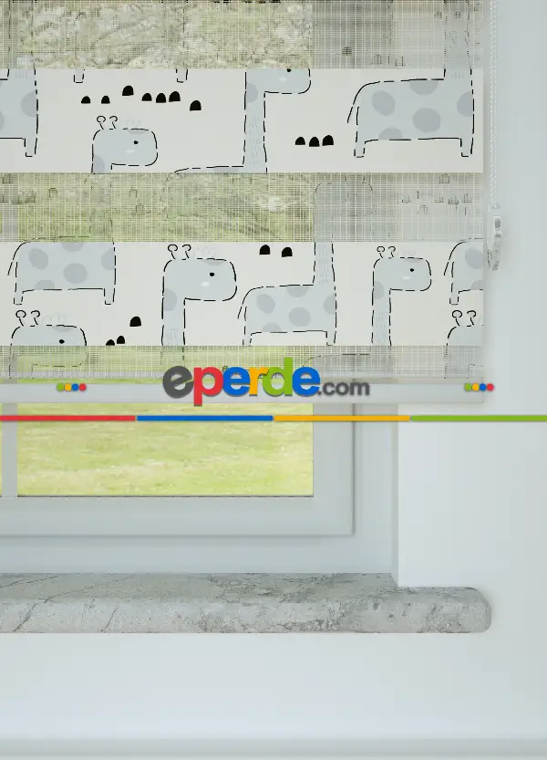 Gri Zürafa Desenli Baskılı Zebra Perde