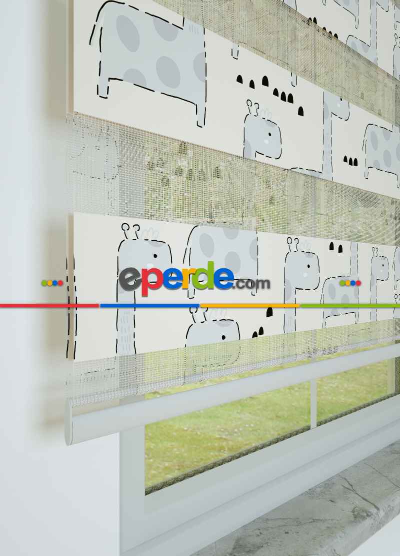 Bebek Odası - Gri Zürafa Desenli Baskılı Zebra Perde