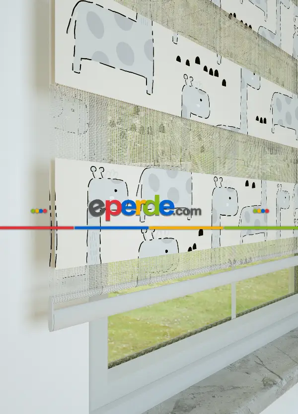 Gri Zürafa Desenli Baskılı Zebra Perde