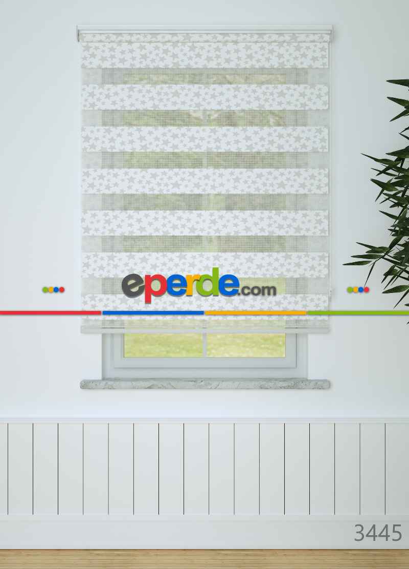 Çocuk Odası - Açık Gri Yıldız Desenli Baskılı Zebra Perde