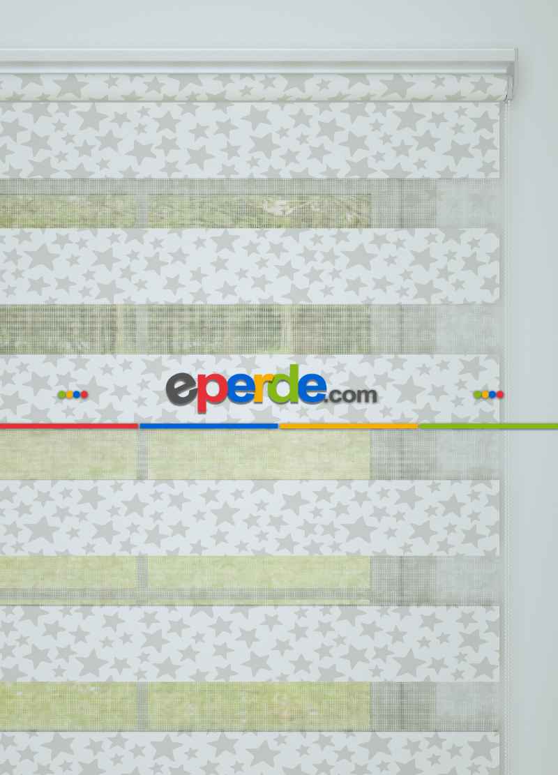 Çocuk Odası - Açık Gri Yıldız Desenli Baskılı Zebra Perde
