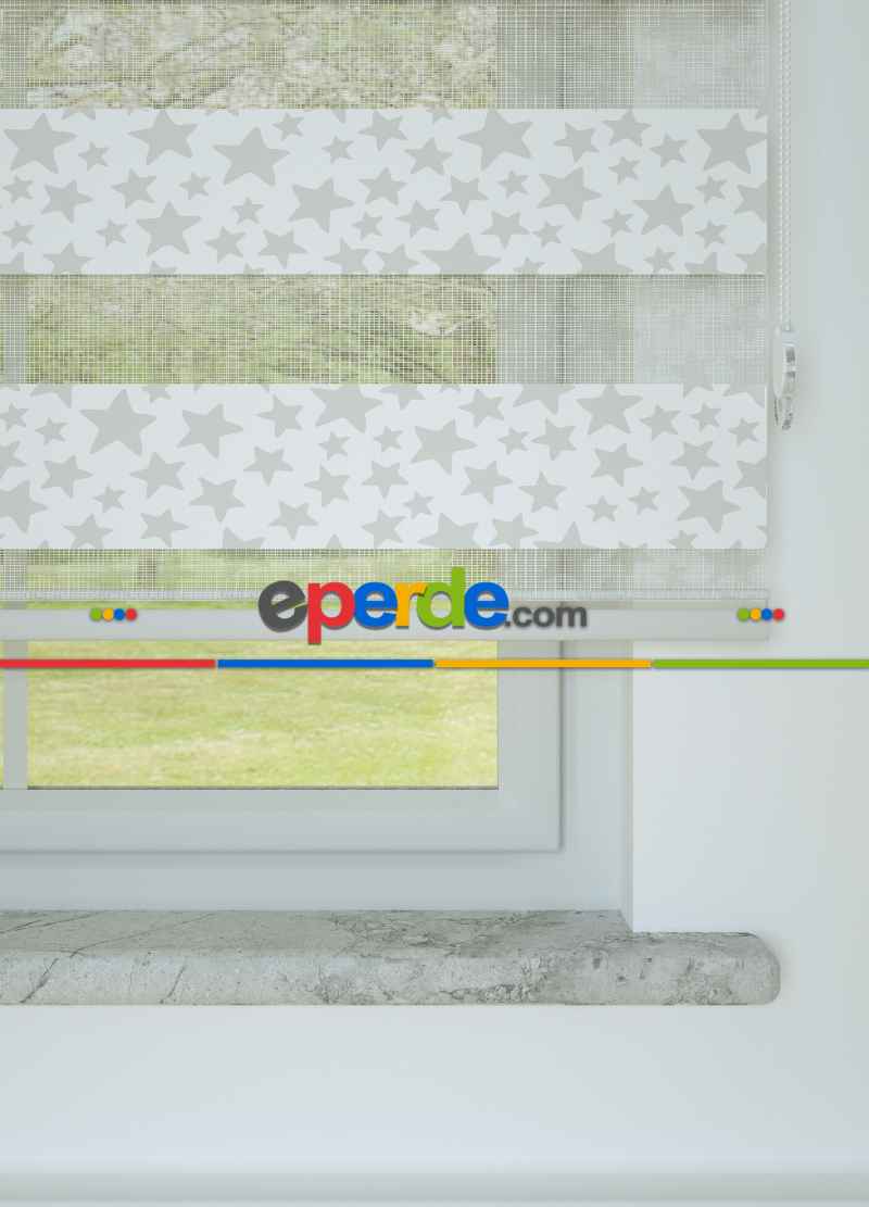 Çocuk Odası - Açık Gri Yıldız Desenli Baskılı Zebra Perde