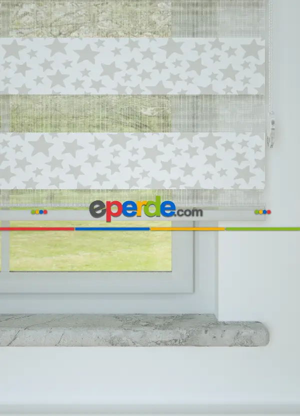 Açık Gri Yıldız Desenli Baskılı Zebra Perde