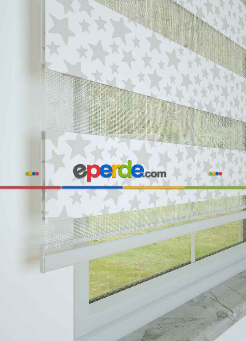 Çocuk Odası - Açık Gri Yıldız Desenli Baskılı Zebra Perde