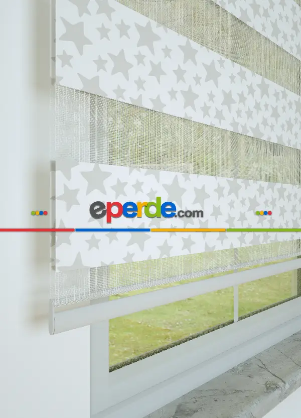 Açık Gri Yıldız Desenli Baskılı Zebra Perde