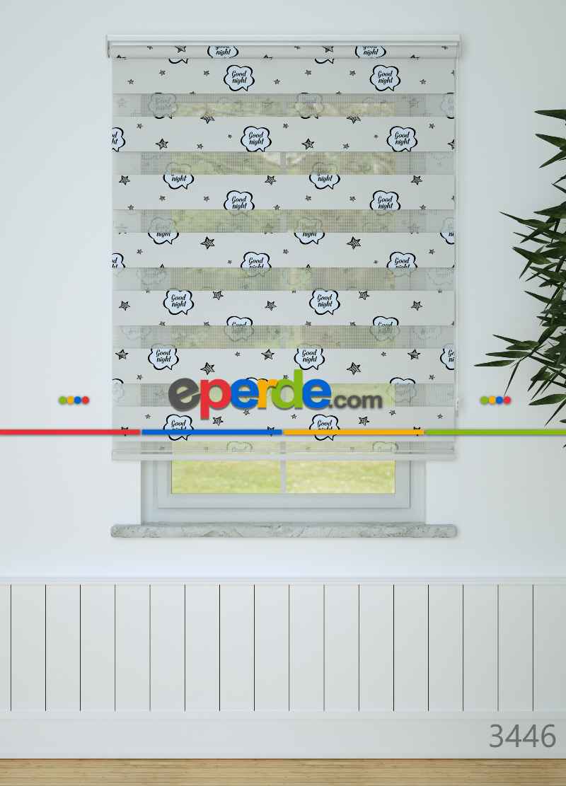 Çocuk Odası - Açık Gri Yıldız Desenli Baskılı Zebra Perde