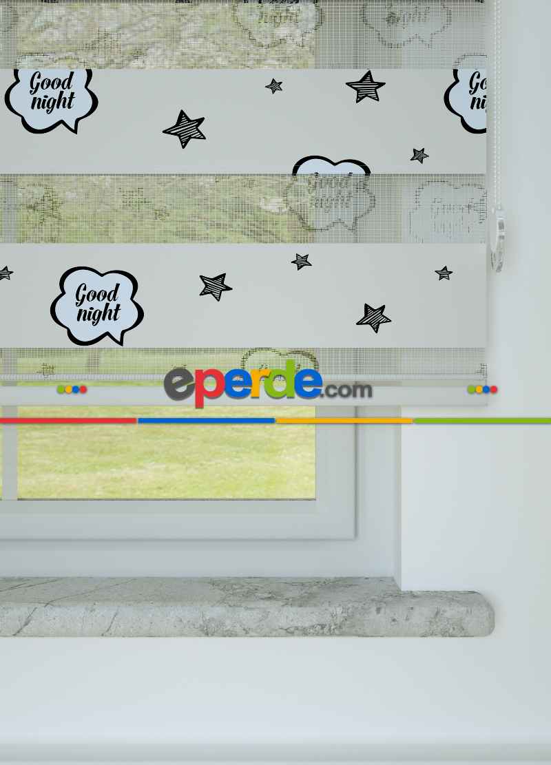 Çocuk Odası - Açık Gri Yıldız Desenli Baskılı Zebra Perde