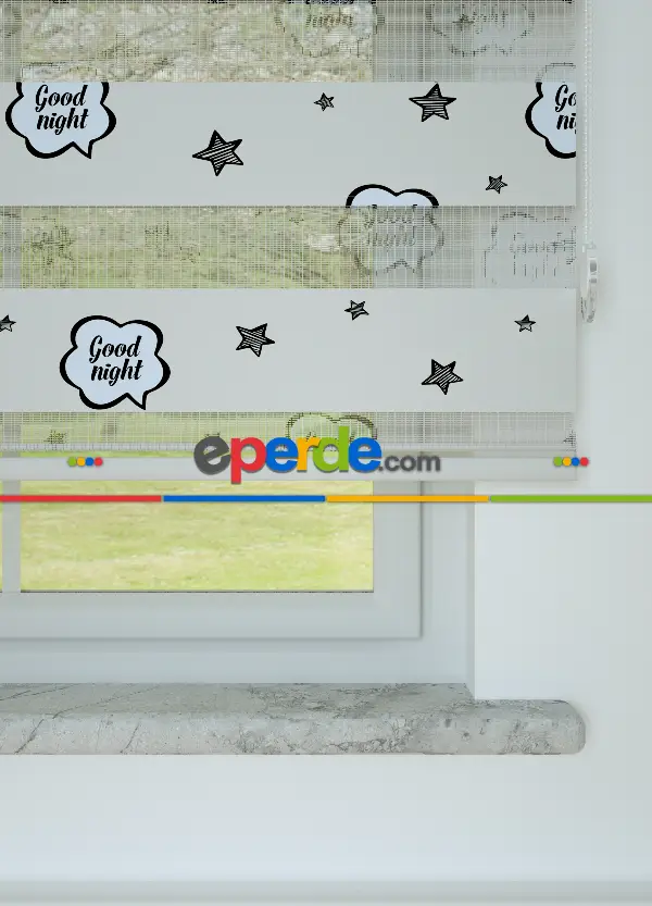 Bebek Odası - Açık Gri Yıldız Desenli Baskılı Zebra Perde