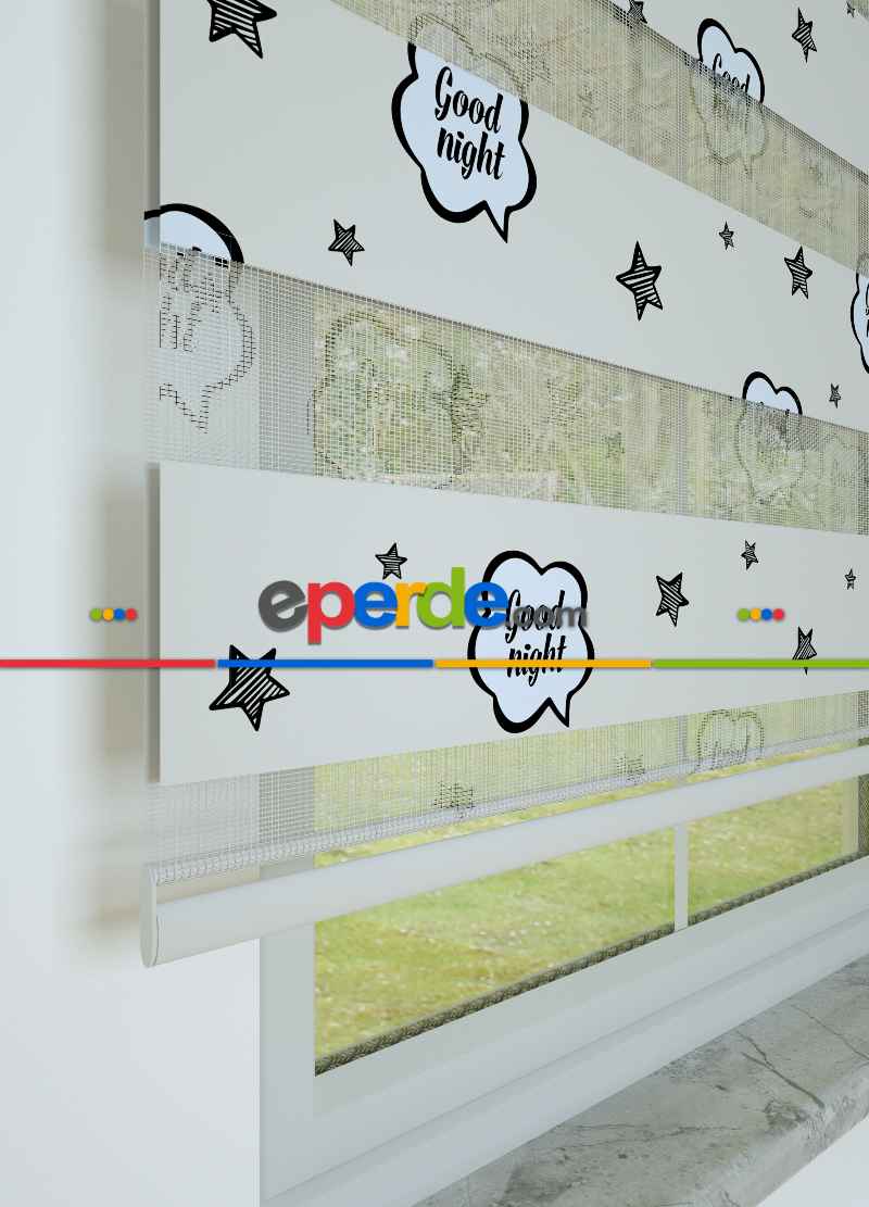 Çocuk Odası - Açık Gri Yıldız Desenli Baskılı Zebra Perde