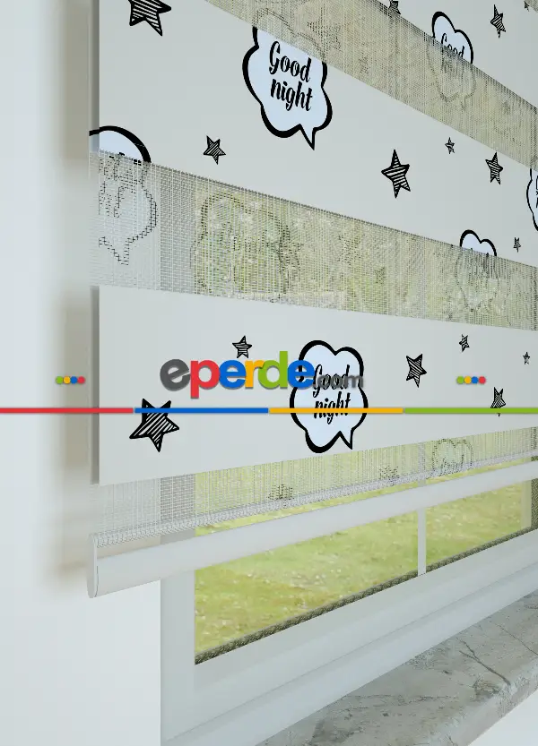 Bebek Odası - Açık Gri Yıldız Desenli Baskılı Zebra Perde