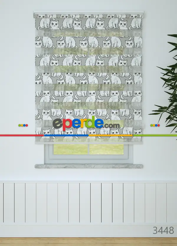 Gri Kedi Desenli Baskılı Zebra Perde