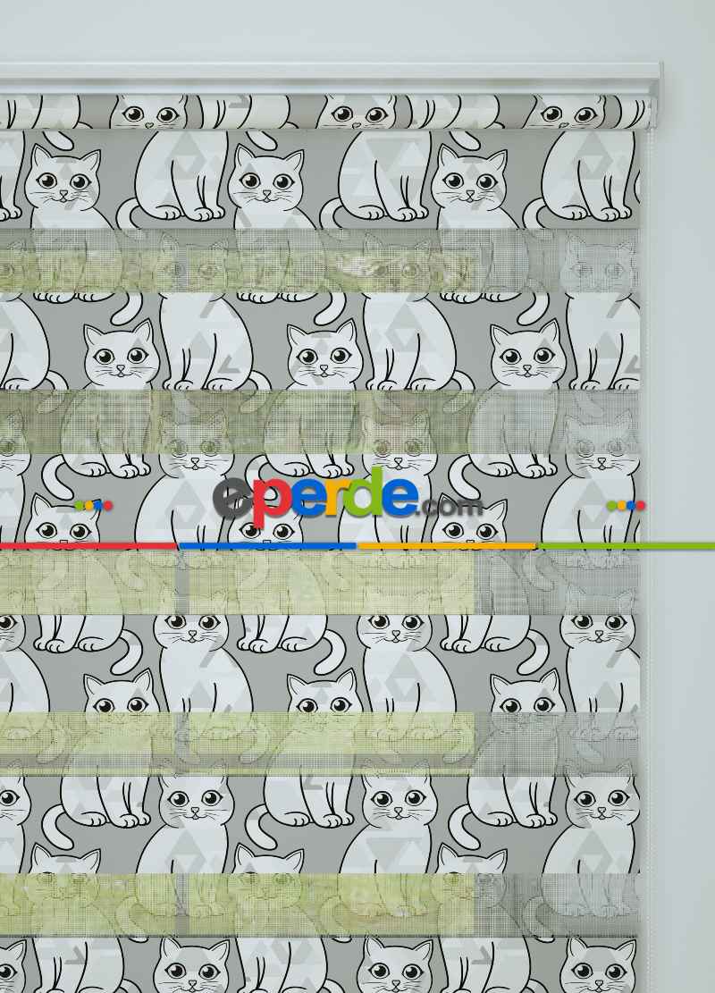 Çocuk Odası - Gri Kedi Desenli Baskılı Zebra Perde