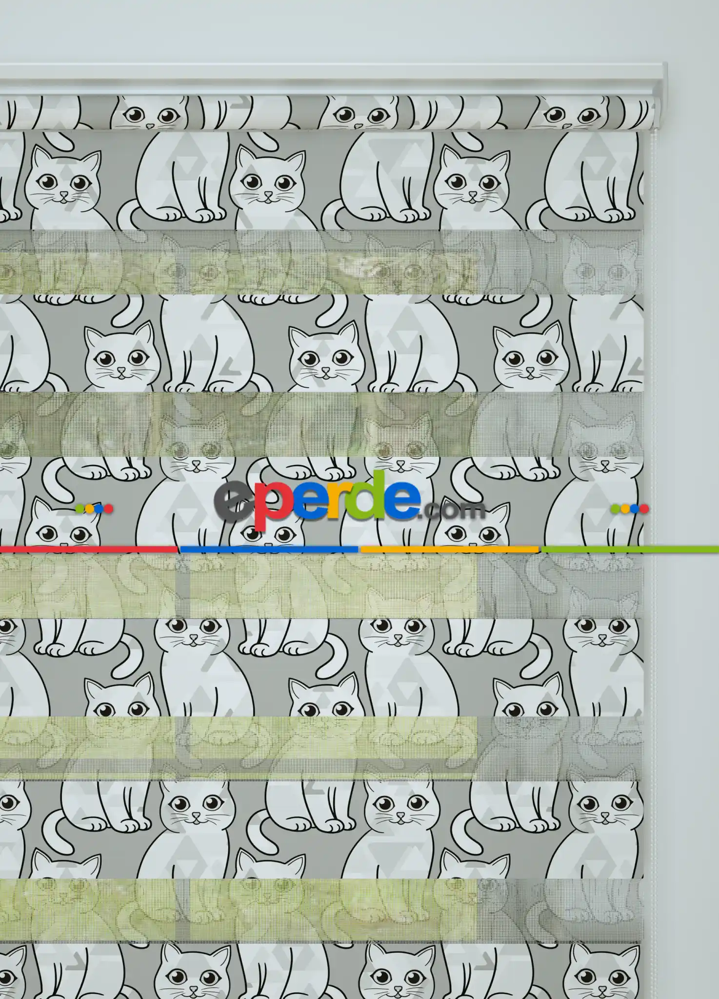 Gri Kedi Desenli Baskılı Zebra Perde