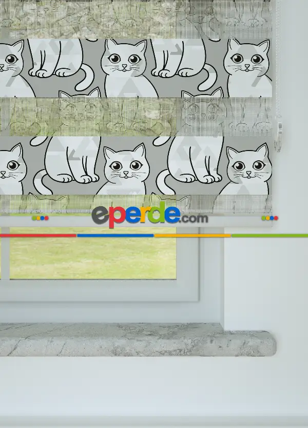 Gri Kedi Desenli Baskılı Zebra Perde