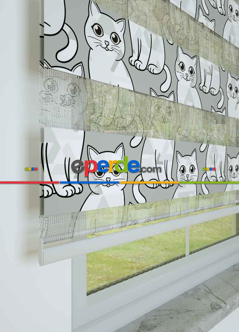 Çocuk Odası - Gri Kedi Desenli Baskılı Zebra Perde