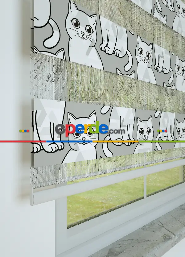 Gri Kedi Desenli Baskılı Zebra Perde