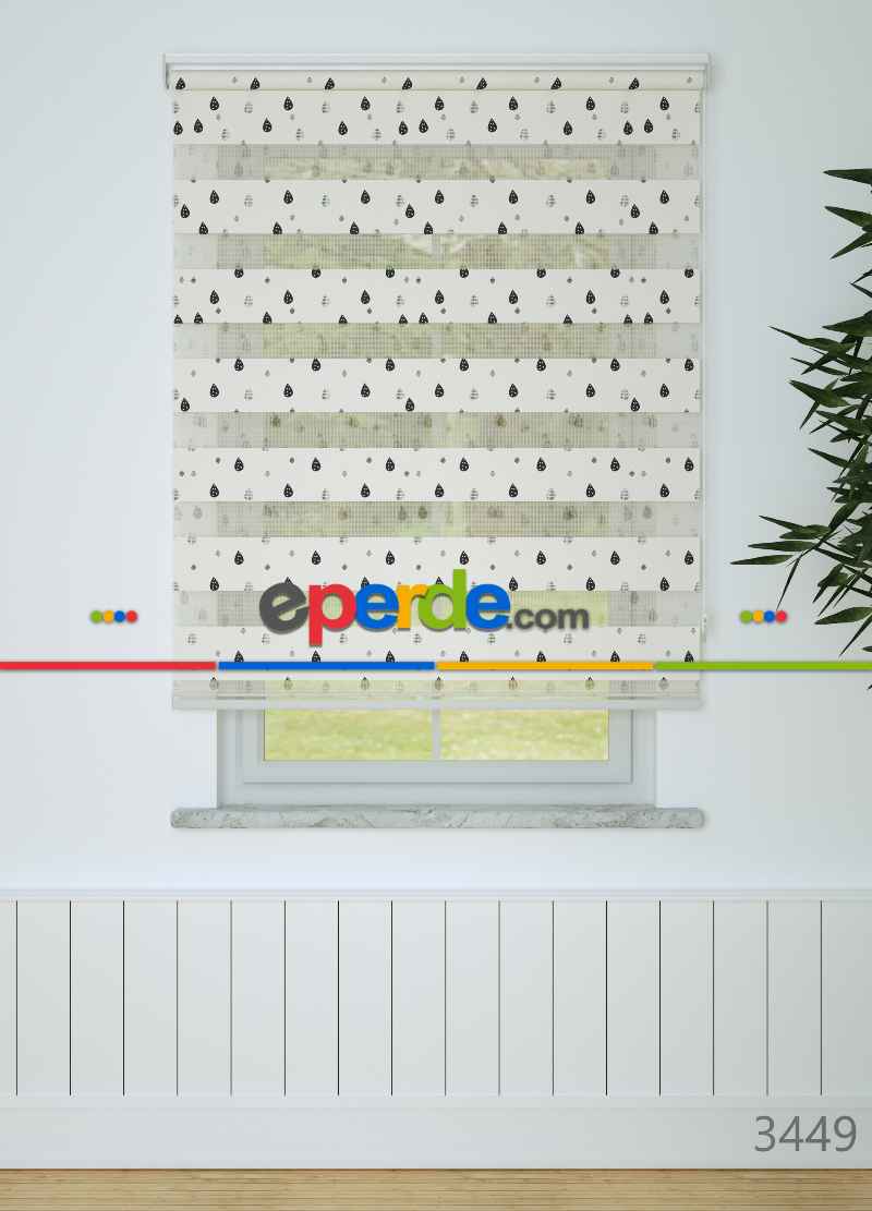 Bebek Odası - Krem Yağmur Damlası Desenli Baskılı Zebra Perde