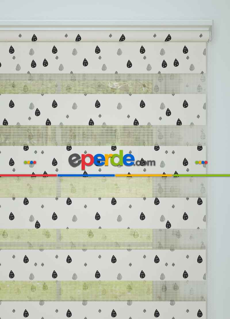 Bebek Odası - Krem Yağmur Damlası Desenli Baskılı Zebra Perde