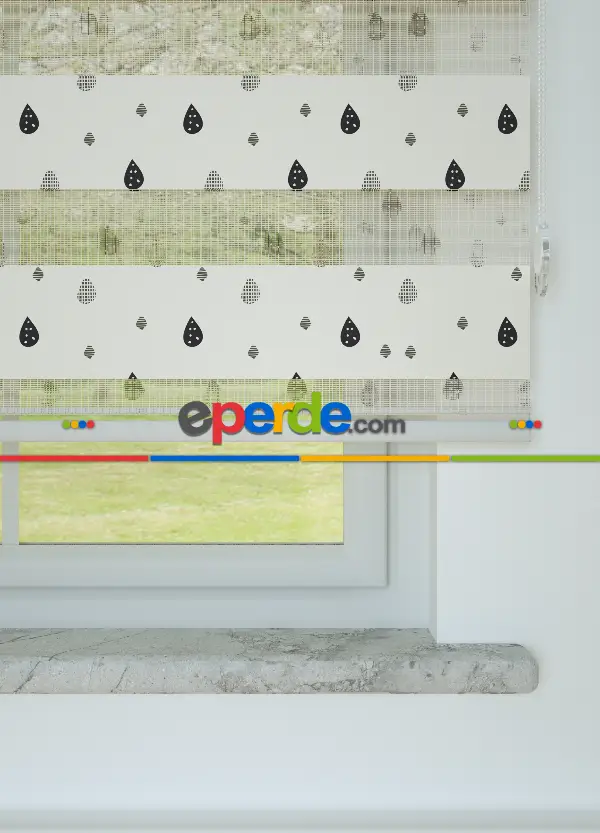 Bebek Odası - Krem Yağmur Damlası Desenli Baskılı Zebra Perde