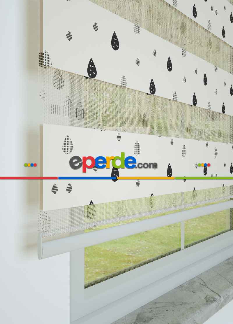 Bebek Odası - Krem Yağmur Damlası Desenli Baskılı Zebra Perde