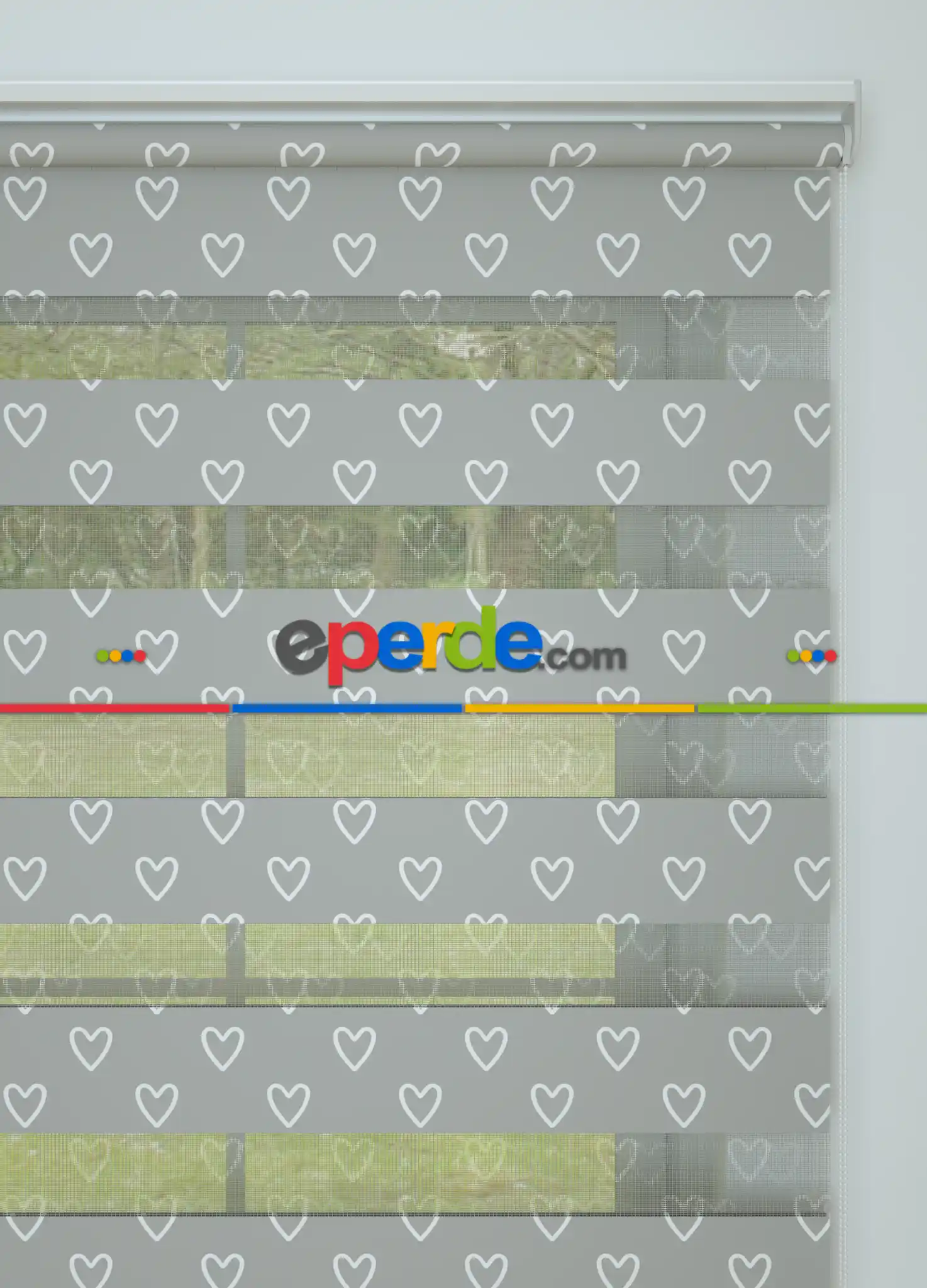 Bebek Odası - Gri Kalp Desenli Baskılı Zebra Perde