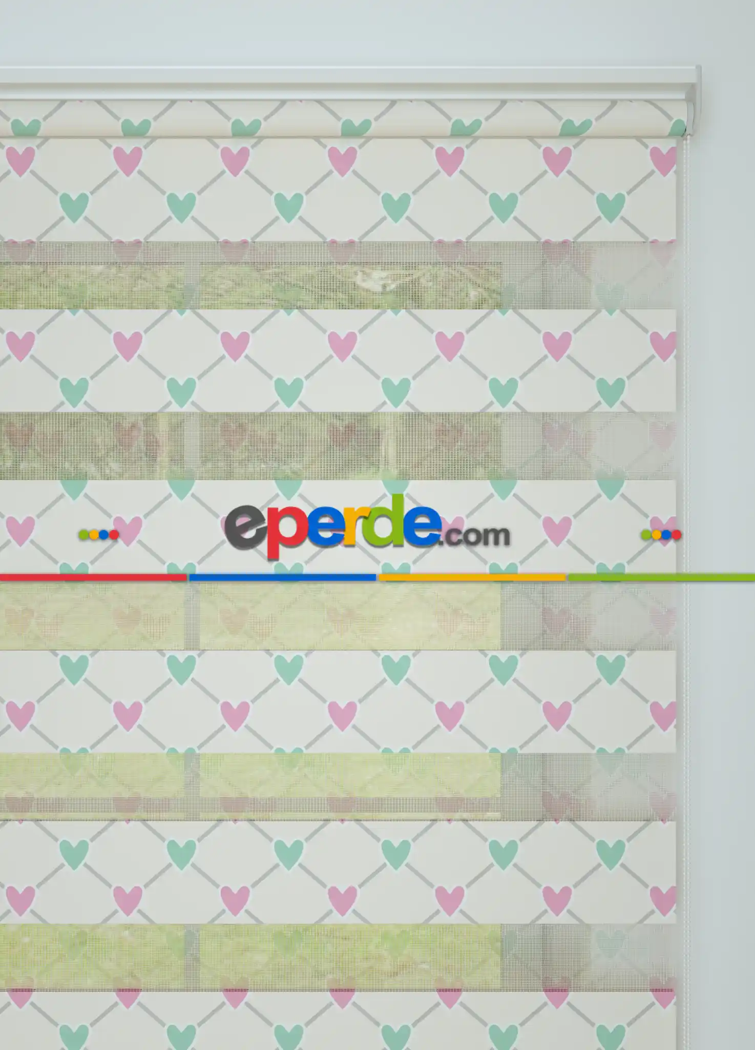 Yeşil Pembe Kalp Desenli Baskılı Zebra Perde