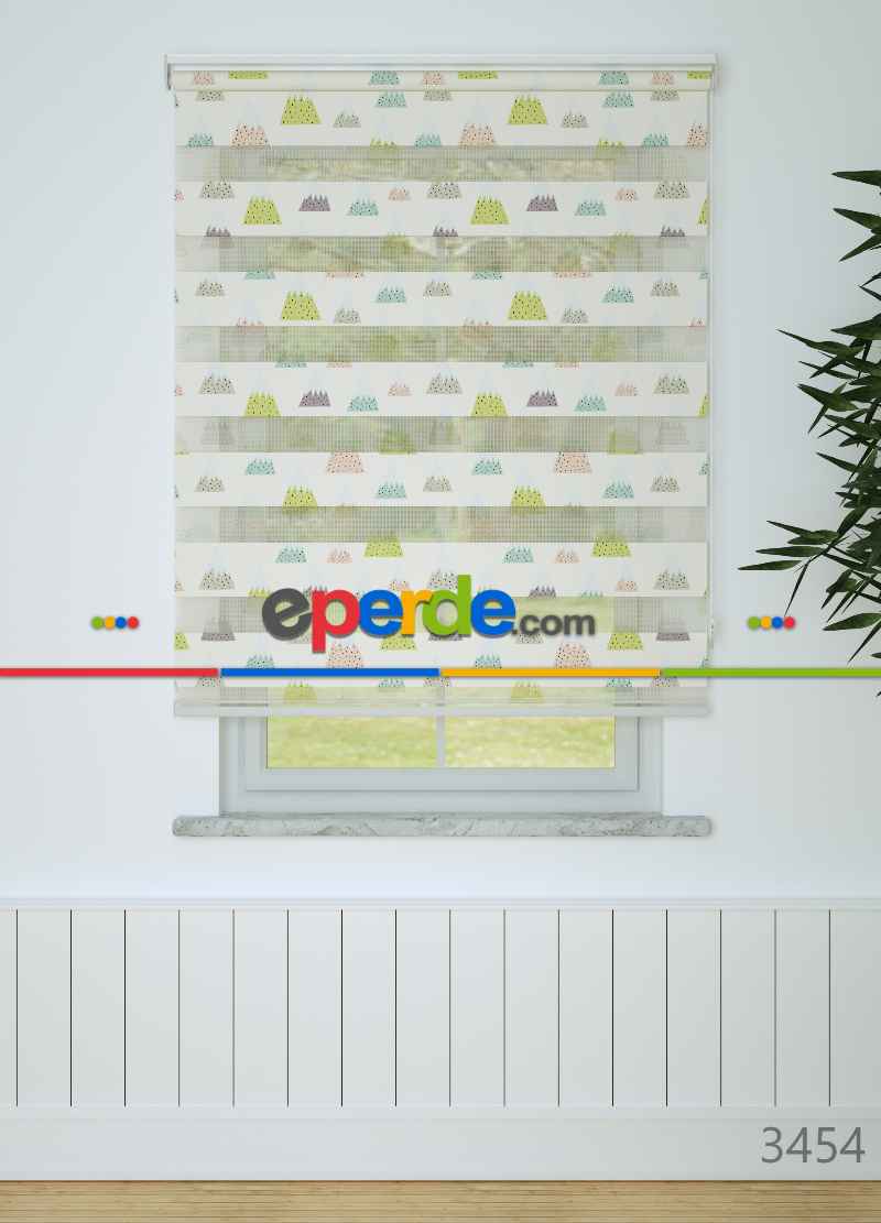 Çocuk Odası - Mor Yeşil Dağ Desenli Baskılı Zebra Perde