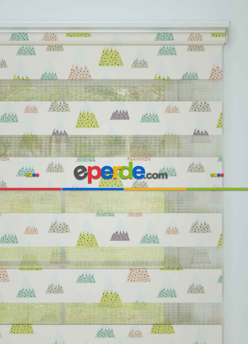 Çocuk Odası - Mor Yeşil Dağ Desenli Baskılı Zebra Perde