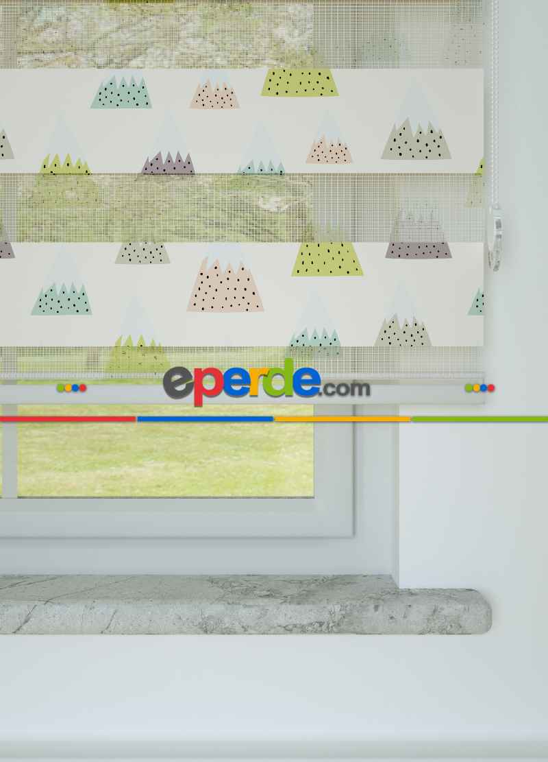 Çocuk Odası - Mor Yeşil Dağ Desenli Baskılı Zebra Perde