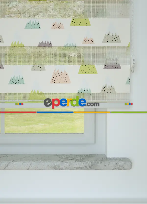 Bebek Odası - Mor Yeşil Dağ Desenli Baskılı Zebra Perde