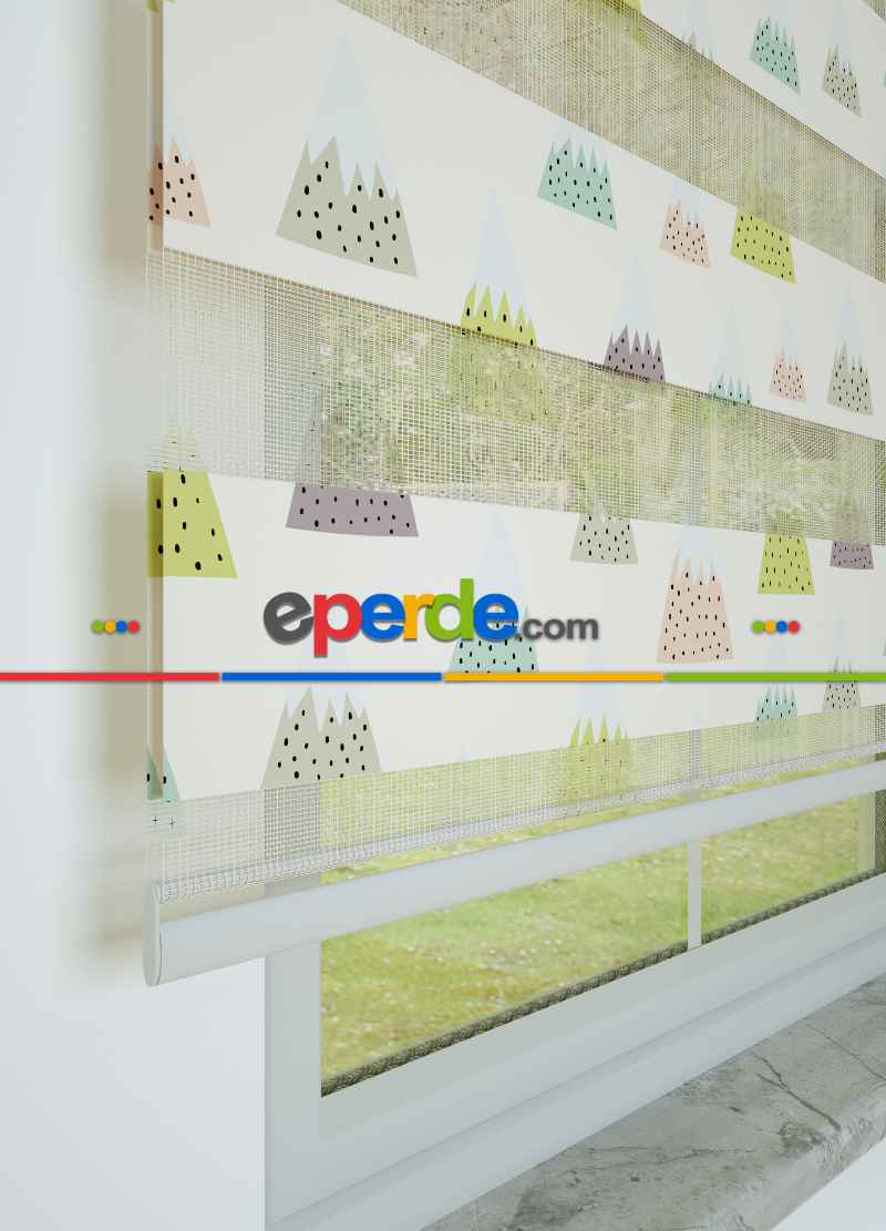 Çocuk Odası - Mor Yeşil Dağ Desenli Baskılı Zebra Perde