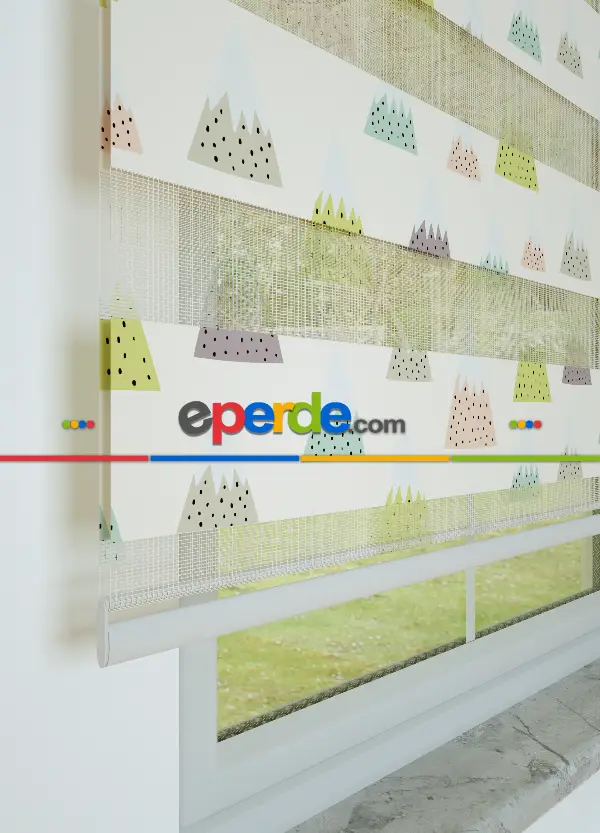 Bebek Odası - Mor Yeşil Dağ Desenli Baskılı Zebra Perde