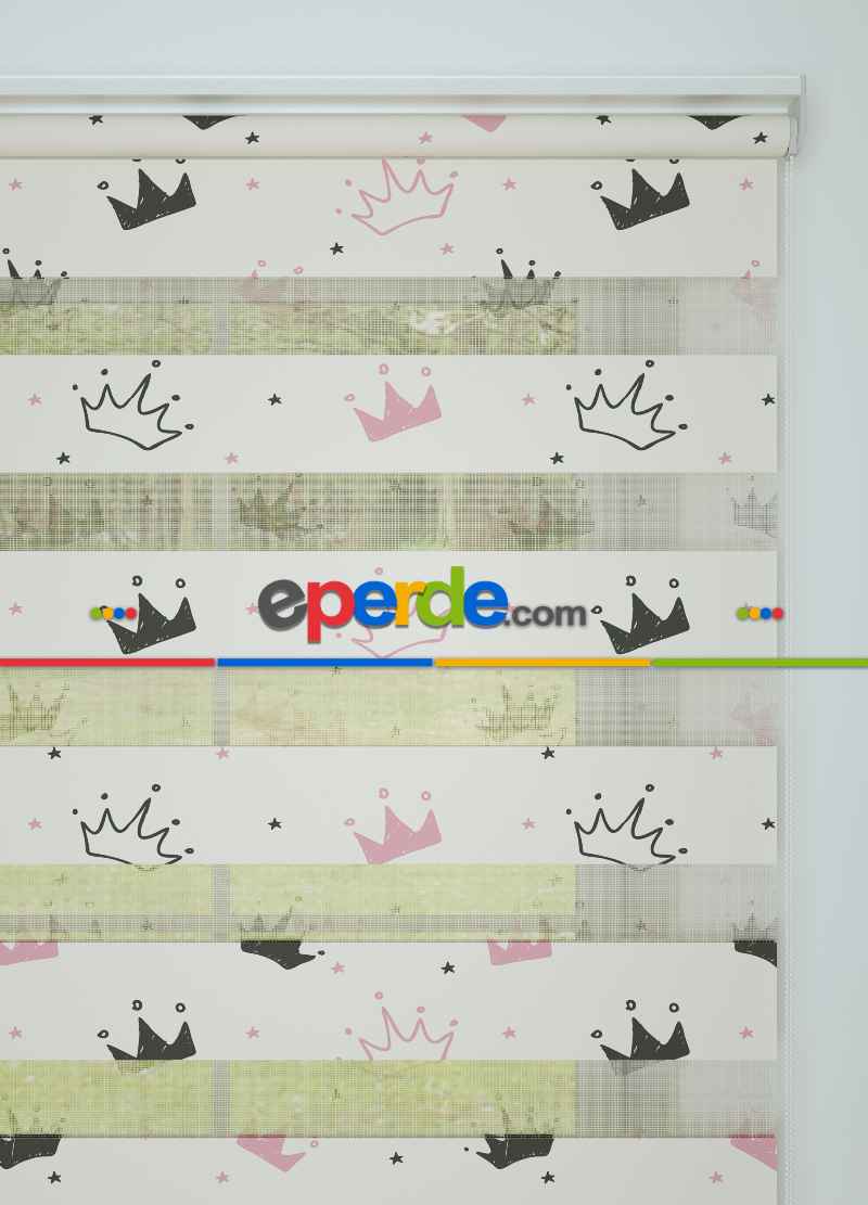 Çocuk Odası - Pembe Taç Desenli Baskılı Zebra Perde