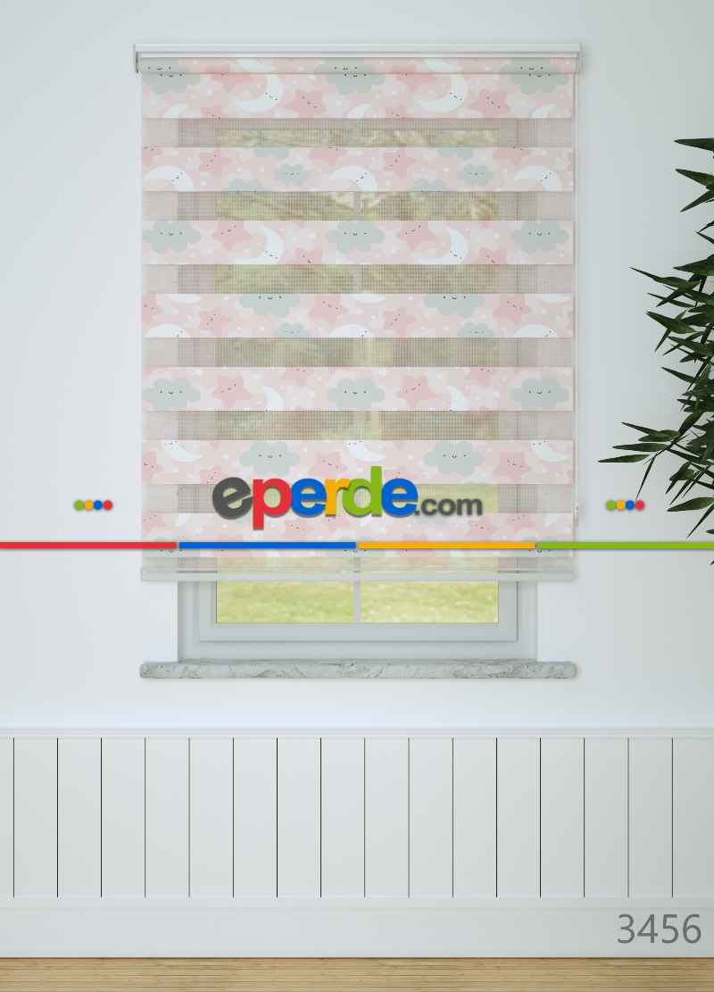 Bebek Odası - Pembe Yıldız Ve Bulut Desenli Baskılı Zebra Perde