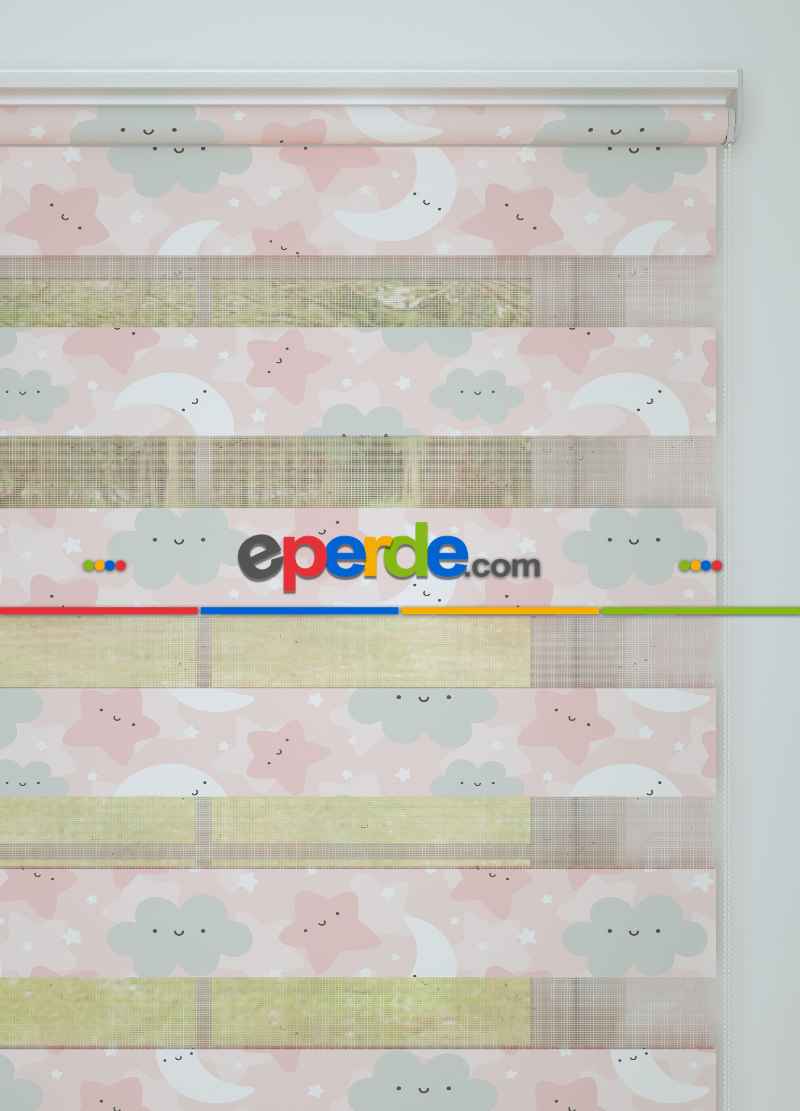 Bebek Odası - Pembe Yıldız Ve Bulut Desenli Baskılı Zebra Perde