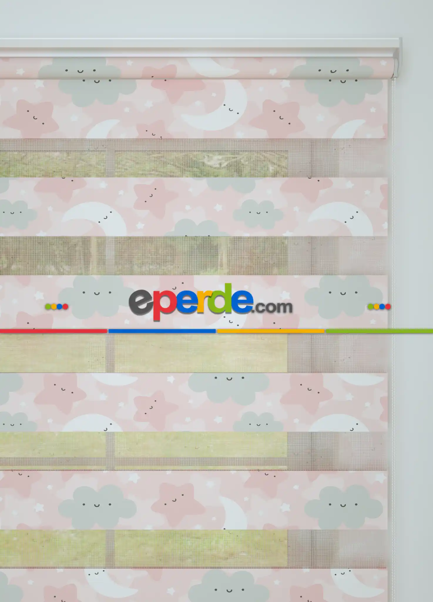 Bebek Odası - Pembe Yıldız Ve Bulut Desenli Baskılı Zebra Perde